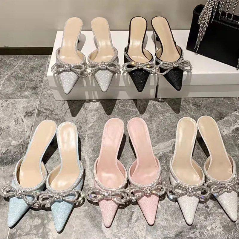 Pumps Shoes Diamond Rhinestone Fashion Sexy Big Bow Kitten Heels for Women Green and Silver Sandal Heels Elegant Heels PU 1 Pair