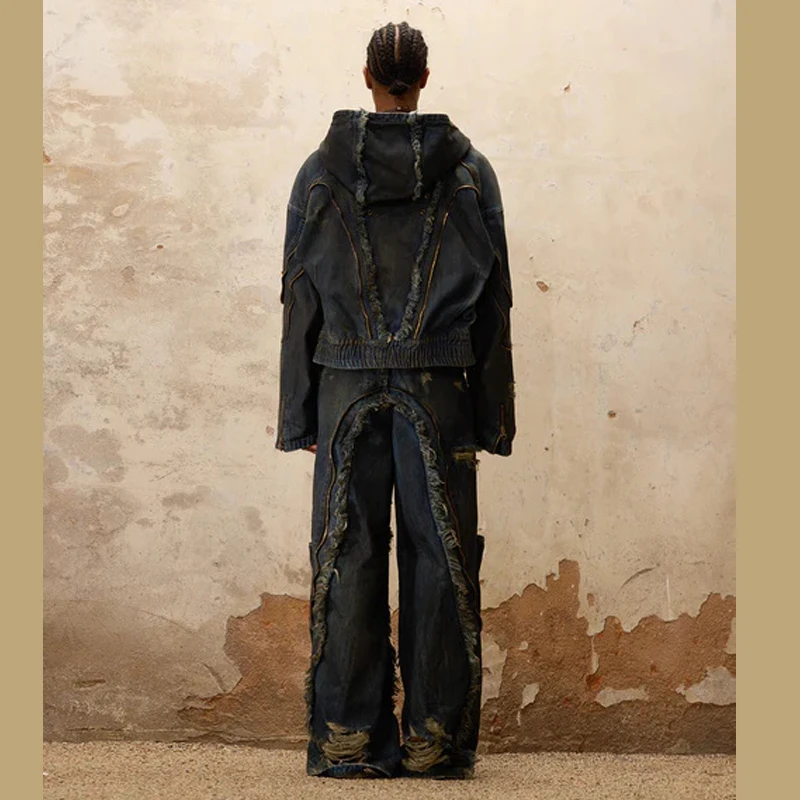 DIZNEW Custom 2024 Y2K heavy ripped jeans fringe design baggy jeans cargo pants with pockets for men and women