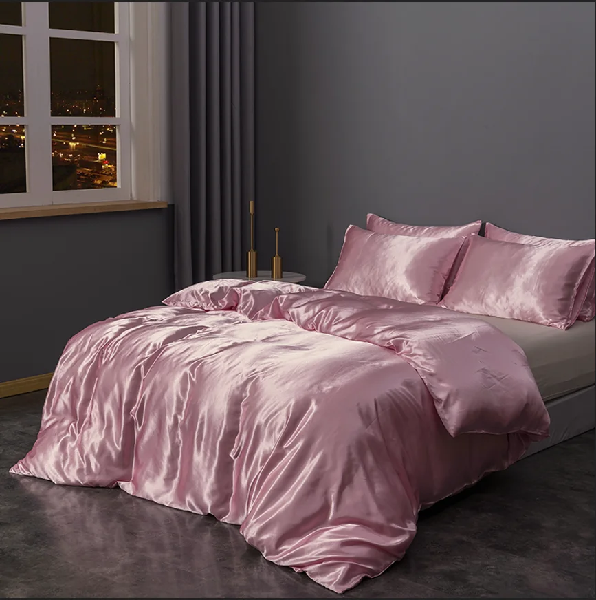 Satin Wholesale High Quality Luxury Textile  Solid Color Silk Bed Sheet Duvet cover Twin Queen King Bedding Sets