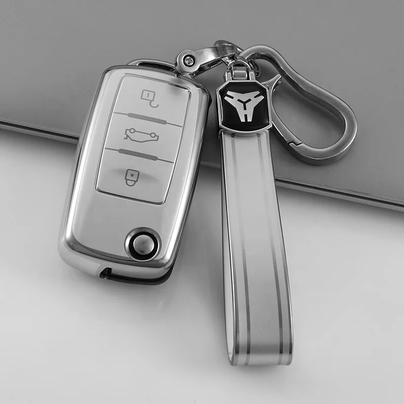 Silver Quicksand TPU Custom Car Key Cover fit for VW Golf PoloTiguan Passat Caddy Auto Folding Key Case Fob Remote bag
