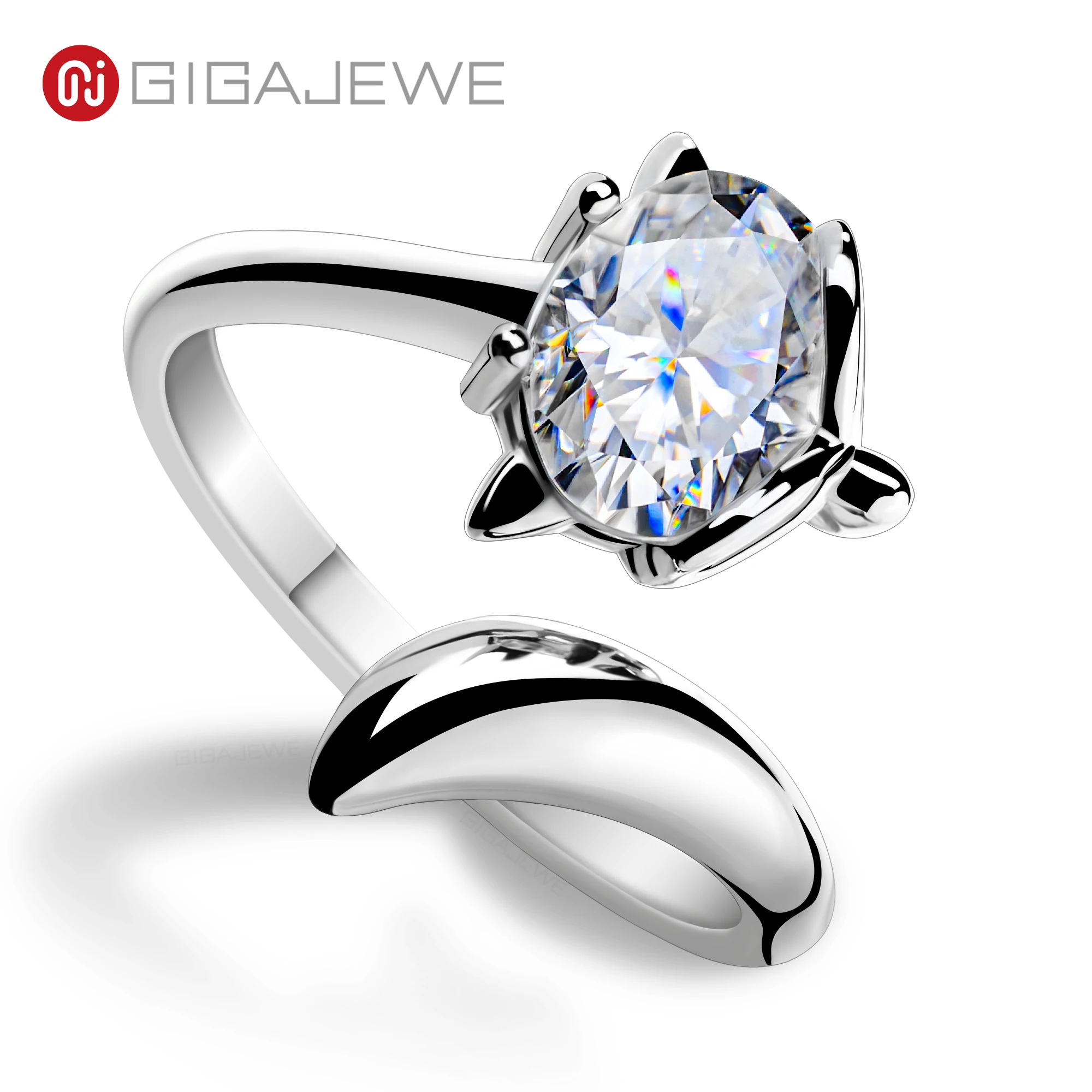 GIGAJEWE Fox Shaped 6*8mm 1.5ct Oval Cut White D Moissanite silver 925 ring plated with 18k gold