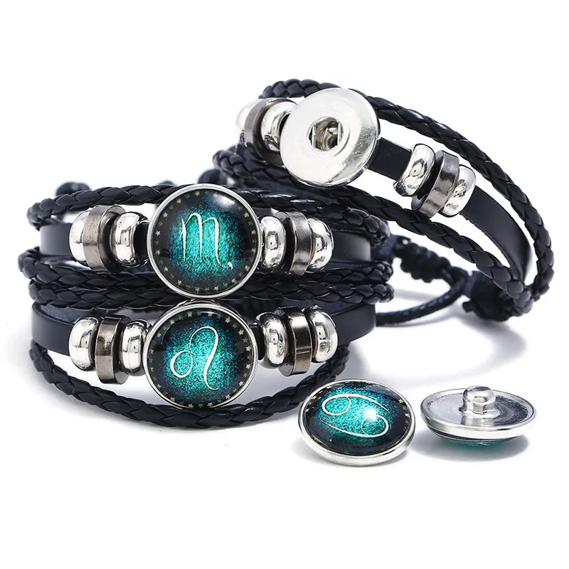 Handmade Woven Jewelry 12 Zodiac Black Leather Bracelet Capricornus Leo Sagittarius Libra Mens Punk Bracelet