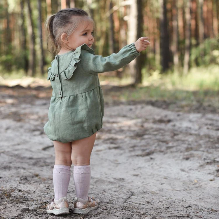 Cotton Linen Bubble Sweet Baby Girls Long Sleeve Romper Bubble Clothing