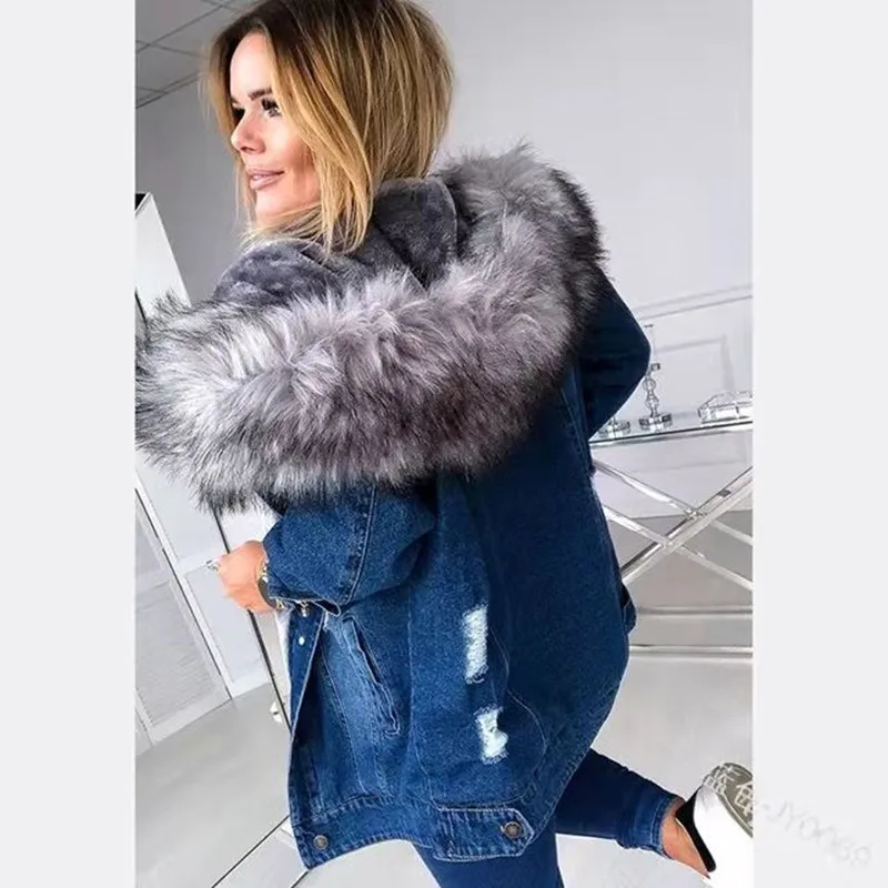 2022 Winter Women Faux Fur Coat Long Sleeve Thicken Fur Hood Plush Warm Denim Coat Large Size Jacket Ripped Button Denim Outwear