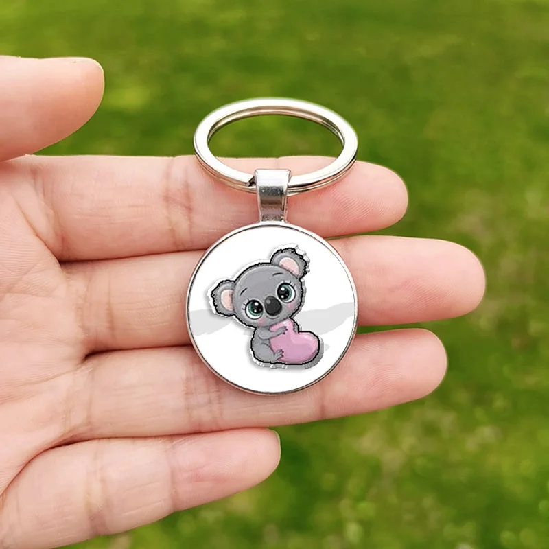 Cartoon Koala Keychain for Women Children Lovely Animal Heart Photo Glass Cabochon Pendant Metal Key Ring Chains Christmas Gift