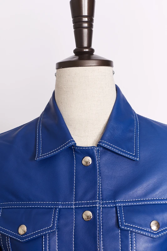 2024 Hiqh quality crop blue women leather motorcycle jacket