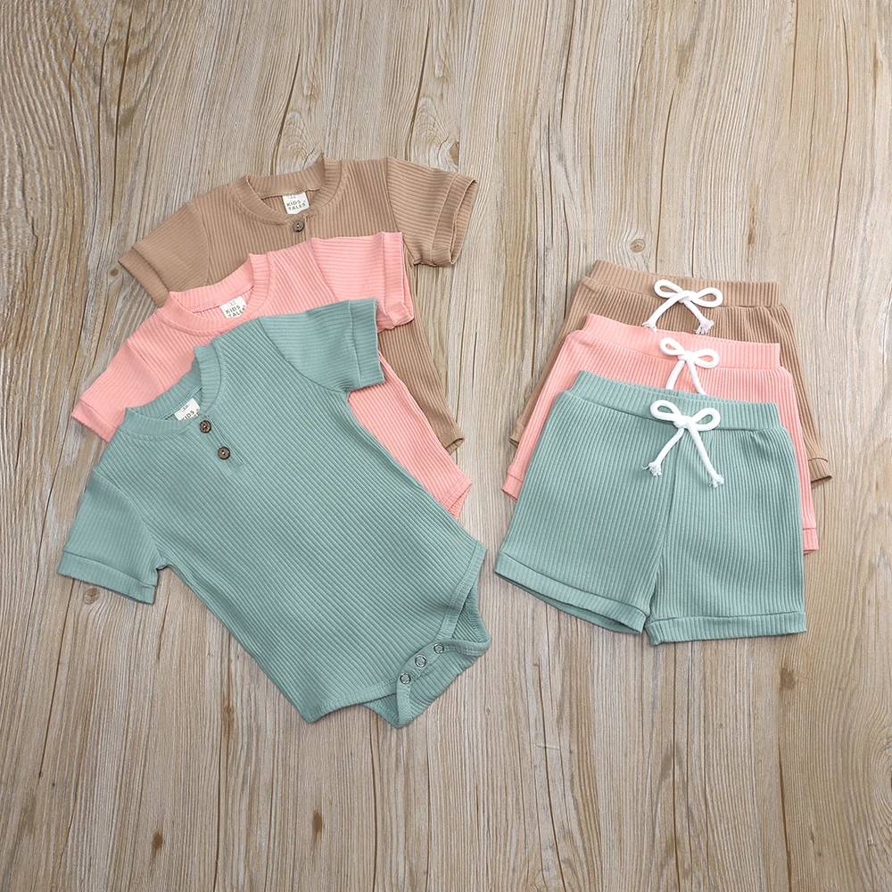 New Born Baby Clothes Infant Ribbed Organic Cotton Babys Romper Set Drawstrings Baby Clothing Sets Shorts