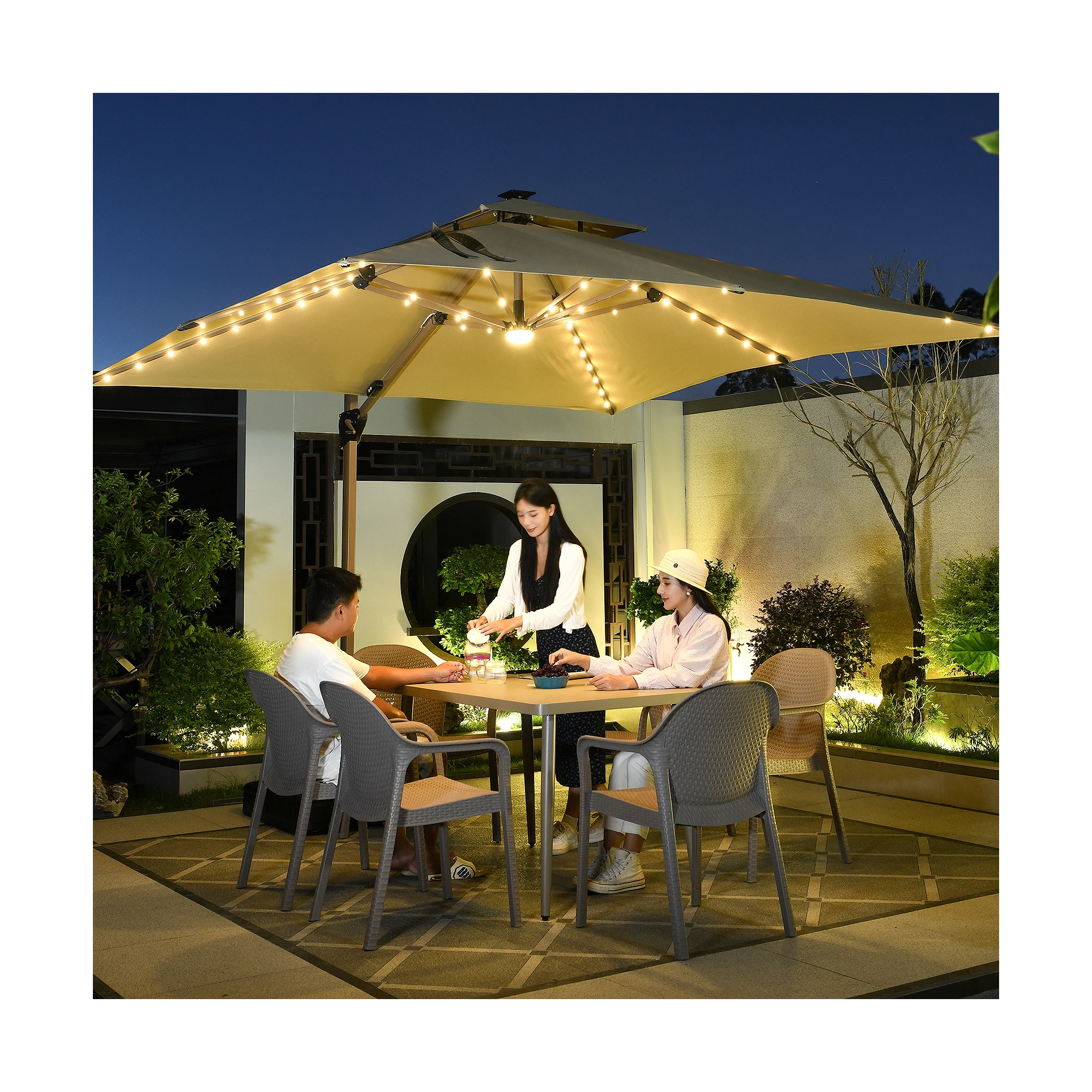 MOJIA Garden patio custom commercial design parasol crank side pole garden sun patio beach outdoor umbrella with solar LED light