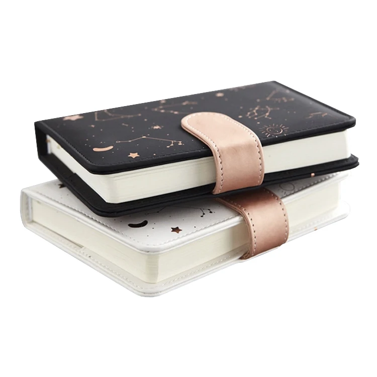 Customized waterproof golden foiled A5 A6 small black and white pu leather refillable journal notebook with magnetic closure