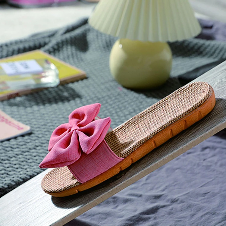 New Design Summer Cool Lovely Bow Spinning Breathable Outdoor Beach Flax Linen Slippers Wholesale