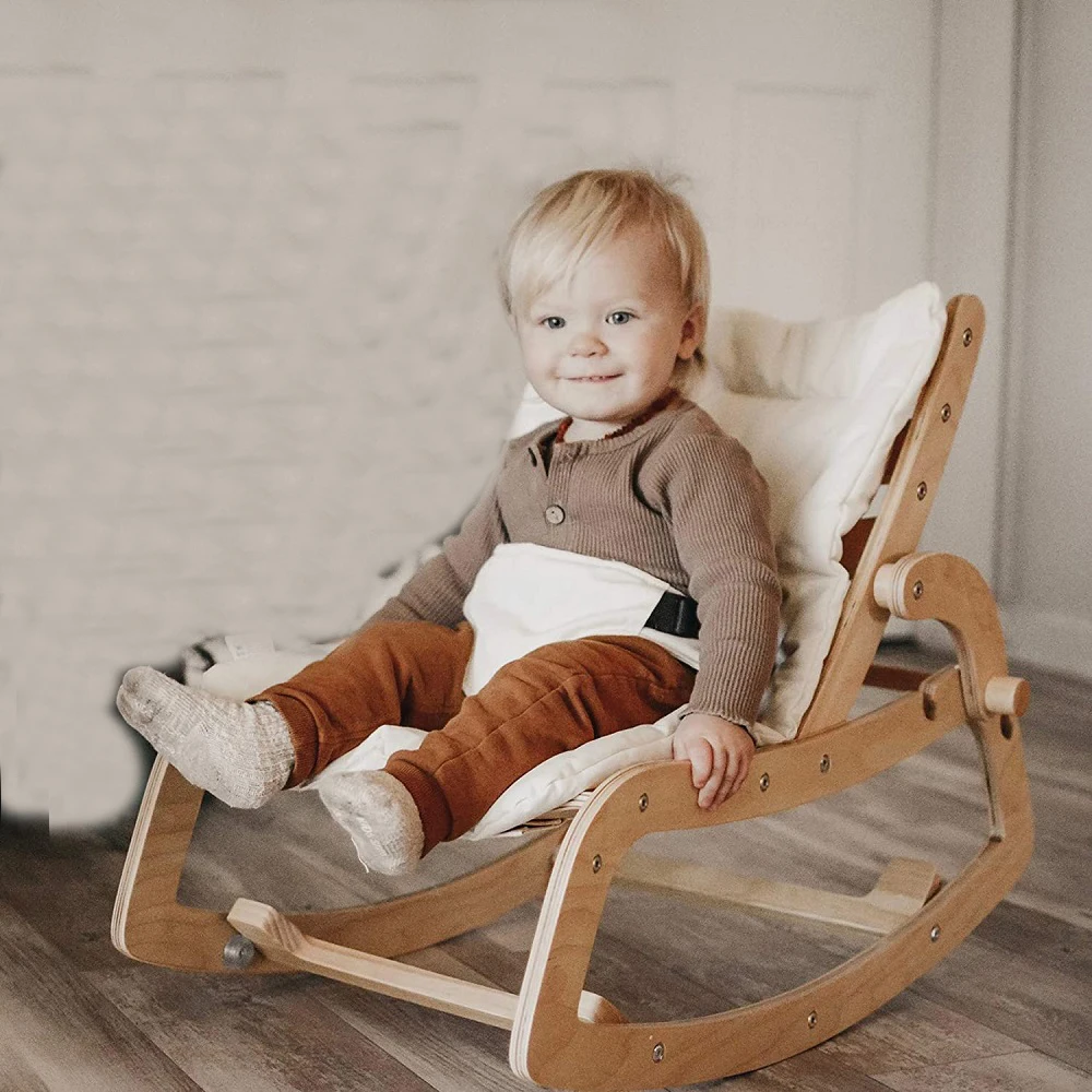 
Kidsroom Furniture Baby Rocker Multi Toddler Wooden Lounge Chair with Cushion Booster Seat Belt 3 in 1 Toddler Rocker Chair 