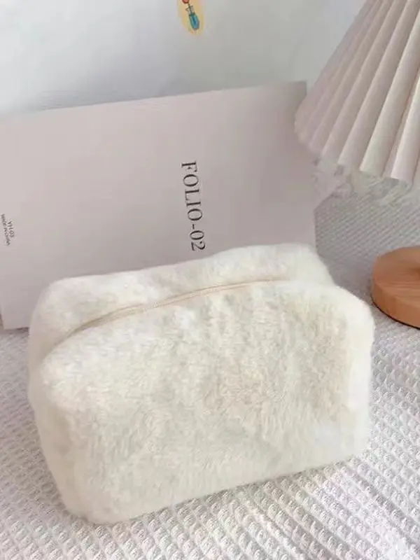 Macaron Faux Fur Female Women Sweet Soft Waxy Portable Makeup Cosmetic make up bag custom plush Pen bag Handbag