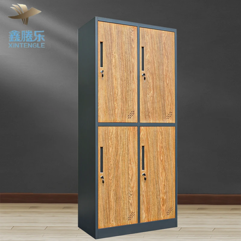 High Quality 4 Door Red Wood Grain Metal Locker Wardrobe Office Transfer Suitable Bedroom Storage Furniture for Home Use