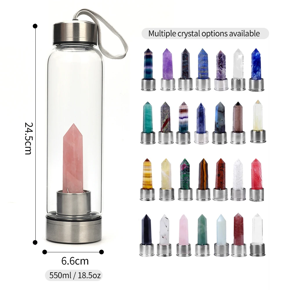 Infused Glass Water Bottle Rose Quartz Chip Eco Friendly Crystal Tumbled Nature Crystal Bottle Amethyst Clear Quartz Waterbottle