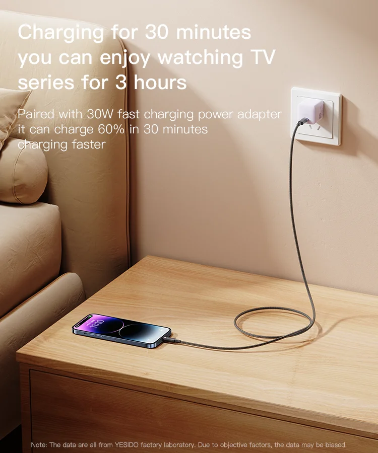 Yesido PD 27W Fast Charging And Transmission Nylon Thread Smart Power Off Lighting-Type-C Data Cable