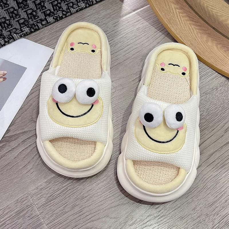 Wholesale Cute Frog Linen Drag Ladies non-slip indoor and Outdoor Slippers Home Absorbent Breathable Silent Slippers