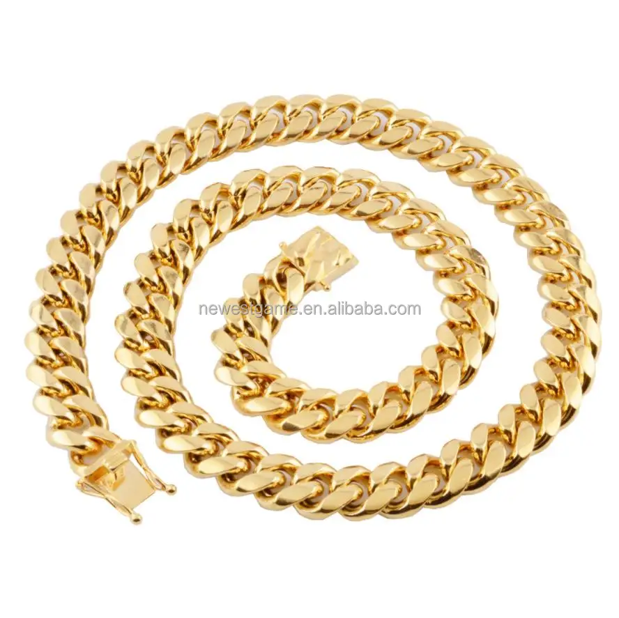 
12mm men Stainless Steel Jewelry 24K Gold Filled Plated High Polished Cuban Link Necklace For Men Punk Curb Chain Dragon-Beard 
