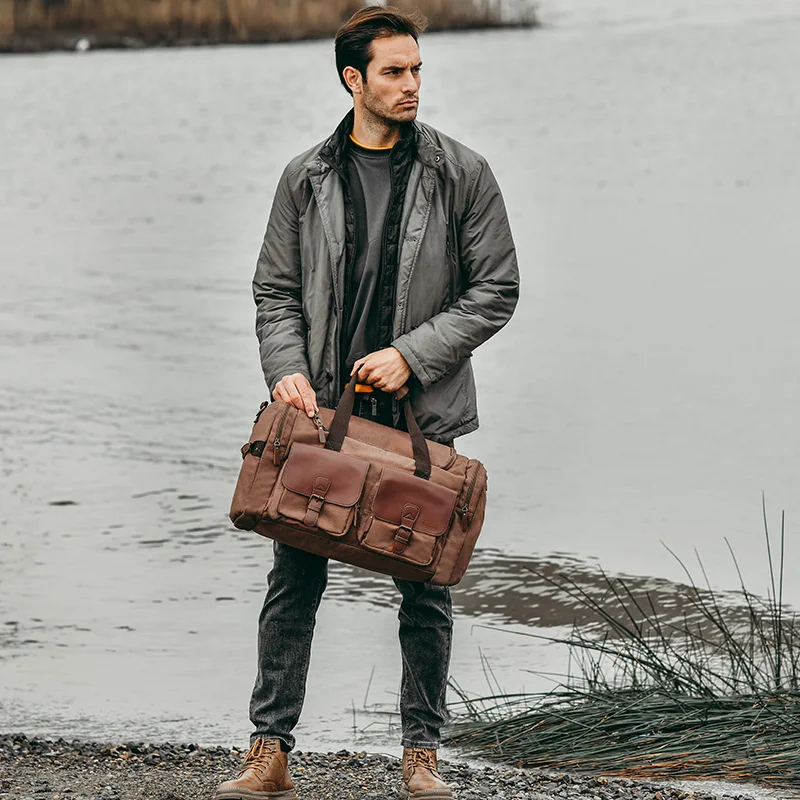 Spot goods mens canvas travel duffel overnight bag womens black gym sports bag leather