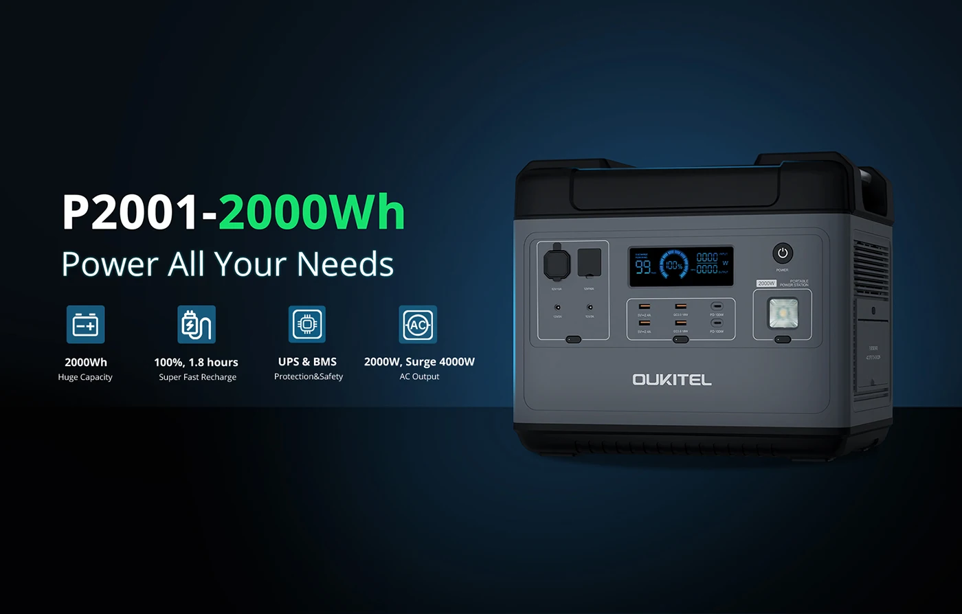 Oukitel P2001E Portable Power Station 2000WH 2000W Power Station Support UPS BMS 1.8 Hours Fast Charging Surge 4000w