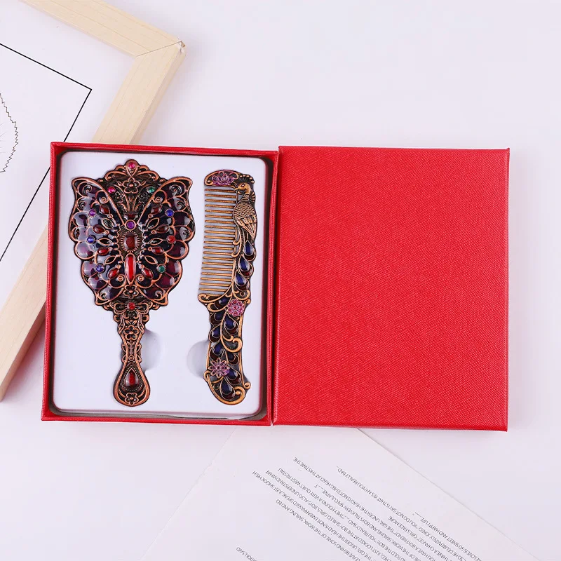 European metal handle mirror alloy palace peacock mirror retro portable vanity cosmetic mirror factory direct sales