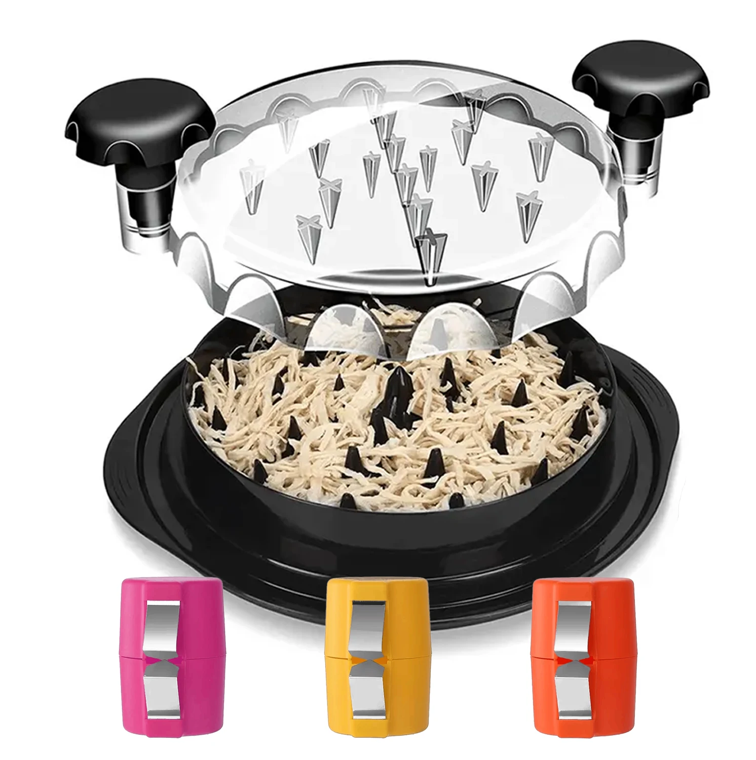 Raybin Round Chicken Bowl Twist Tool Shredder Chicken Meat Shredder with Non-skid Base Mat and Transparent Lid
