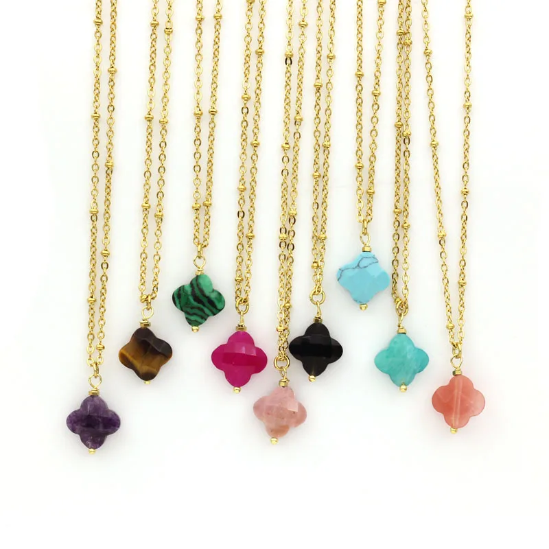 Simple Lucky Colorful Healing Crystal Tiger Eye Turquoise Natural Stone Four Leaf Clover Necklace