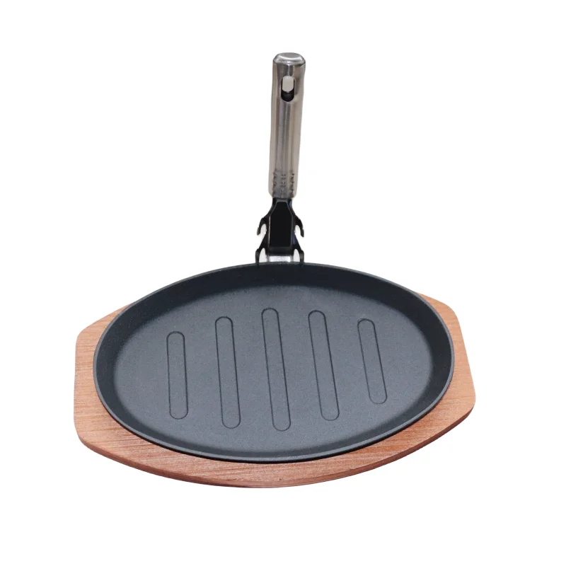 Factory wholesale commercial or household oval cast iron barbecue  plate Fry Grill Plate matching wood bottom cast iron fry  pan
