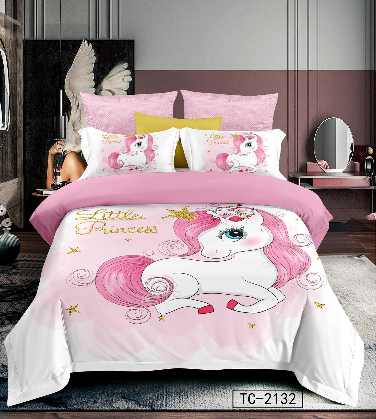 Wholesale custom unicorn bedding set kids cotton bedlinen duvet cover 3D bedsheet set bed cover bed sheet cover