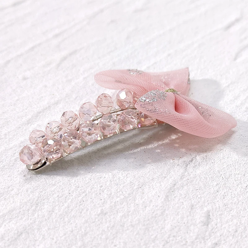Sweet Girls Cute Pink Bow Knot Hair Pins Beaded Crystal Shining Sequins Lace Mesh Hair Clips for Little Baby Kids