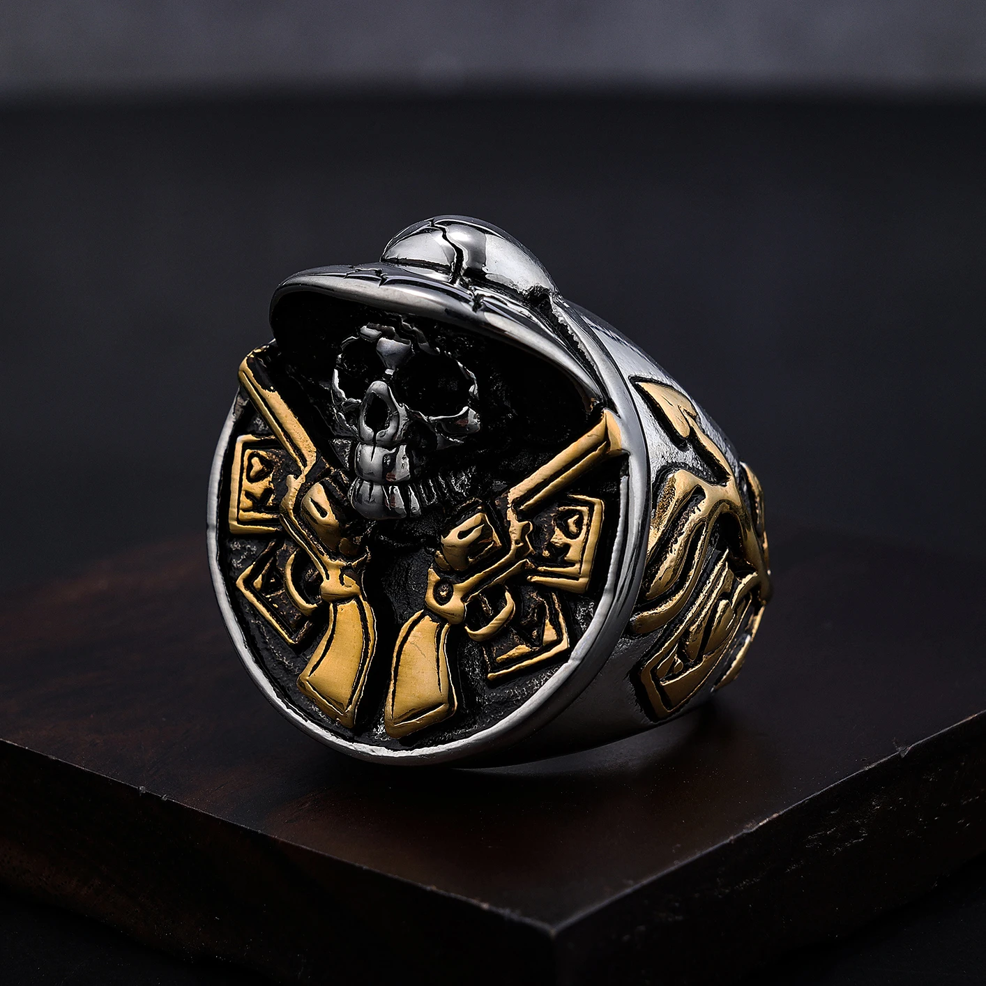 big heavy stainless steel skull ring huge fashion double guns pistol soldier skull spade Ace King Black Jack poker rings for men
