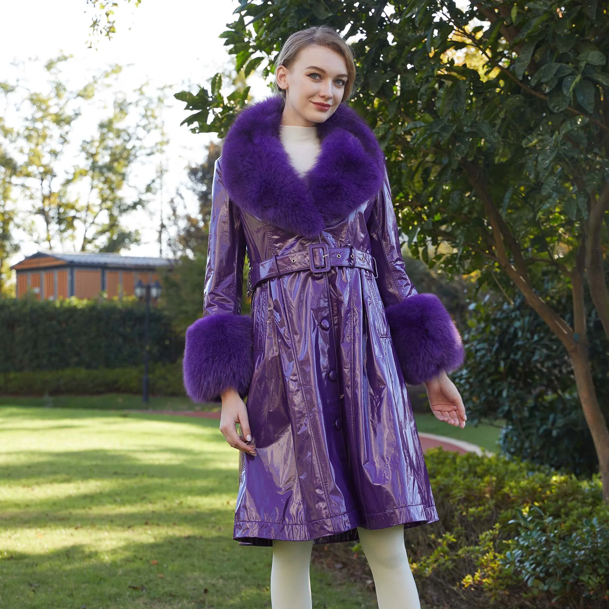 Hot Sale Ladies Long Trench Style Genuine Sheepskin Leather Fur Collar Jacket