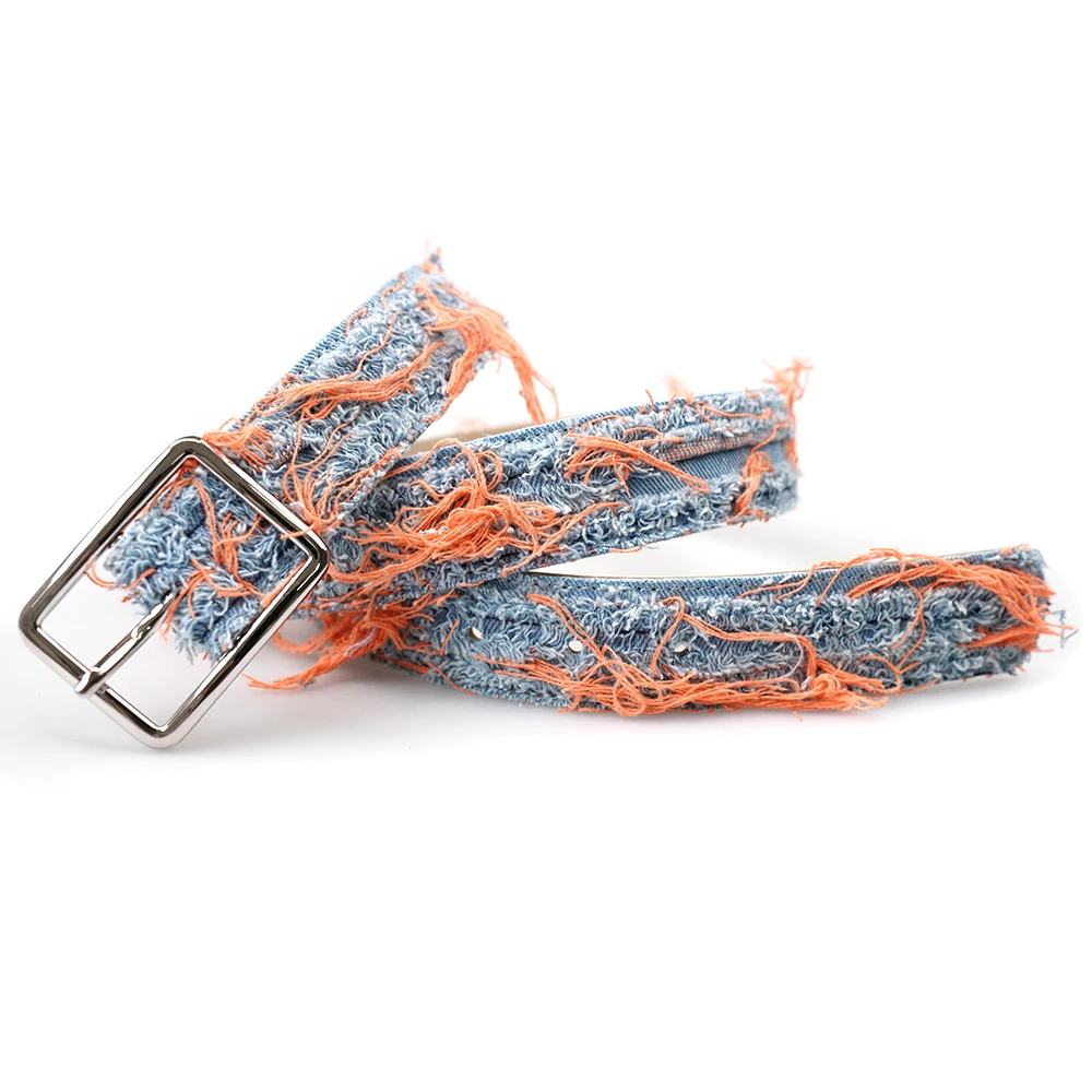 Designer Fashion Carved Shiny Pin Buckle Belt For Cowgirl Trendy Vintage PU leather Worn-out Denim fabric Belt For Women Jeans