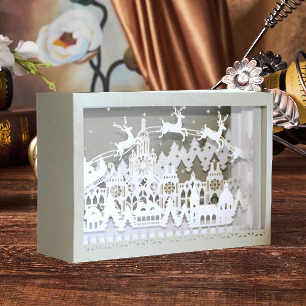 Personalised Laser Cut 3D Pop-up Greeting Card The Building And Reindeer Design for Winter Merry Christmas