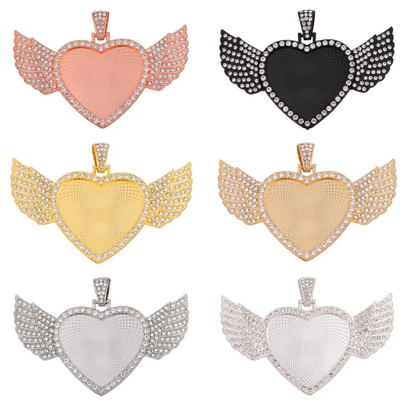 Personalized New Arrival 32mm Custom Necklace Pendants logo 21046 Micro Pave Heart Peach Wing Hanging Pendant