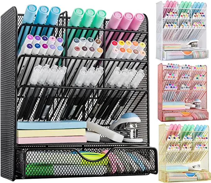 Metal Pen Organizer for Desk, Desk Organizer with Drawer for School, Home, Art Supplies