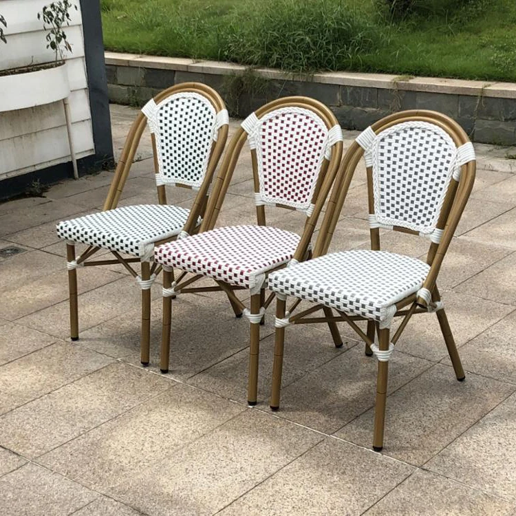 Bistro Retro Aluminum Outdoor wicker woven aluminium rattan chair Flower Restaurant Garden French PE Rattan Chair