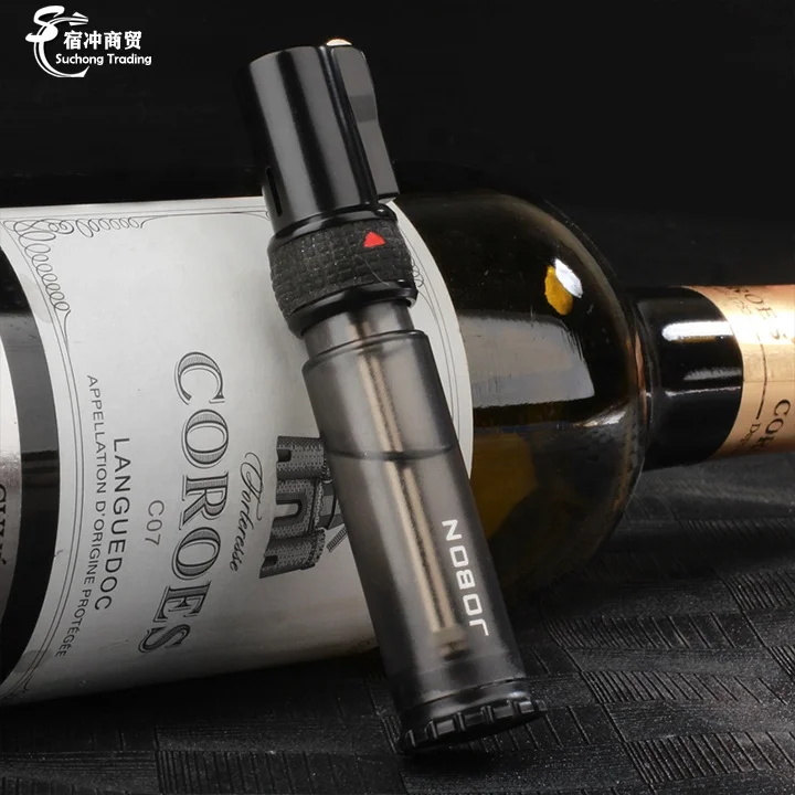 Wholesale Windproof Straight Rechargeable Black Butane Gas Jet Transparent Cigar Torch Blue Flame Lighter