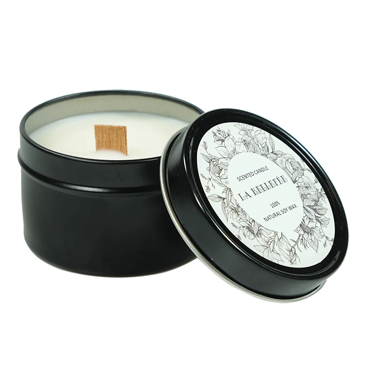 Wholesale Custom Private Label Black Tin 70g Soy Wax Wood Wick Scented Candle