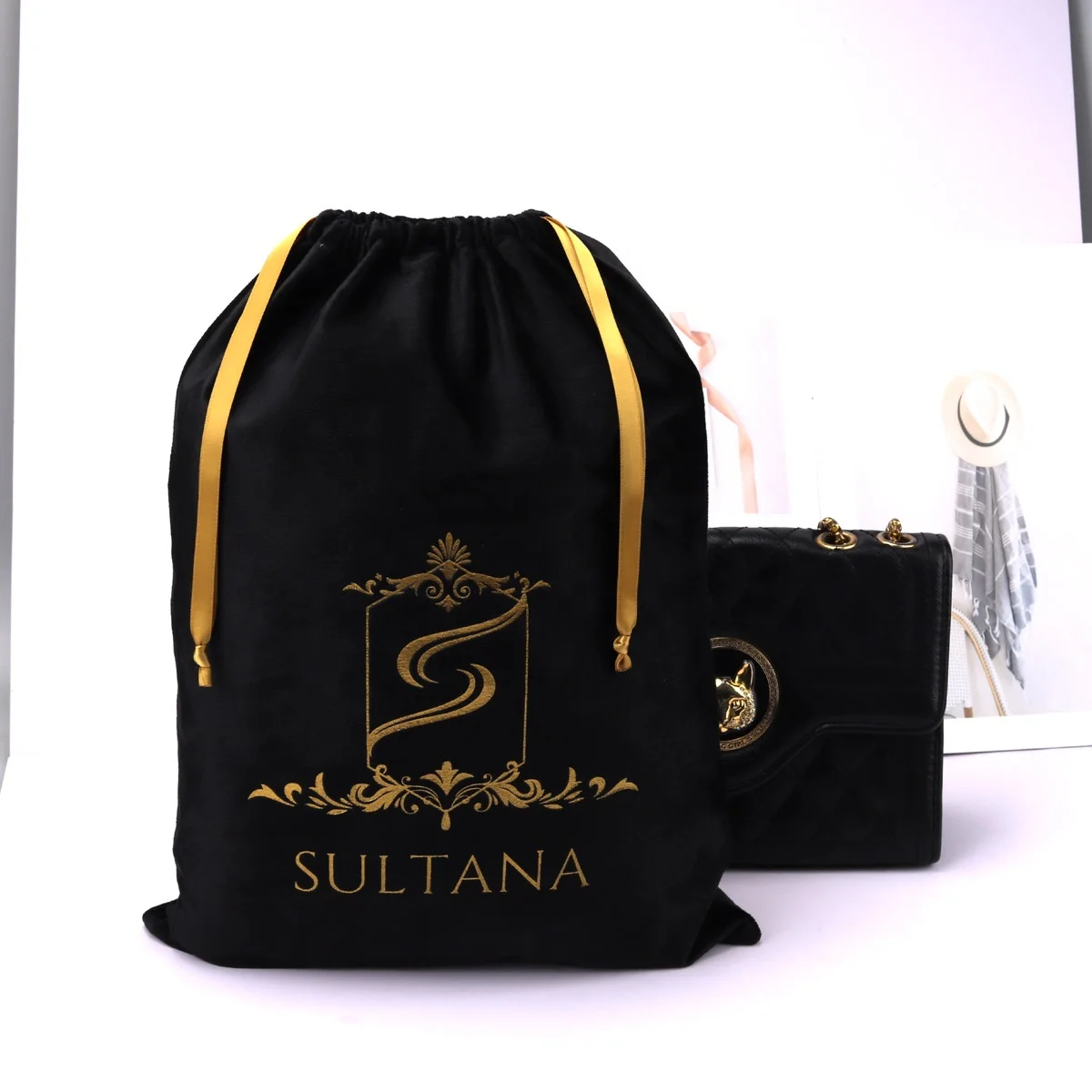 High End Custom Gold Logo Printed Velvet Dust Bag For Hat Drawstring Hair Dryer Storage Velvet Packing Pouch Bag