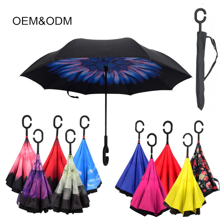 
Custom windproof full body double layer car travel upside down outdoor sun rain reverse inverted umbrellas with logo prints 