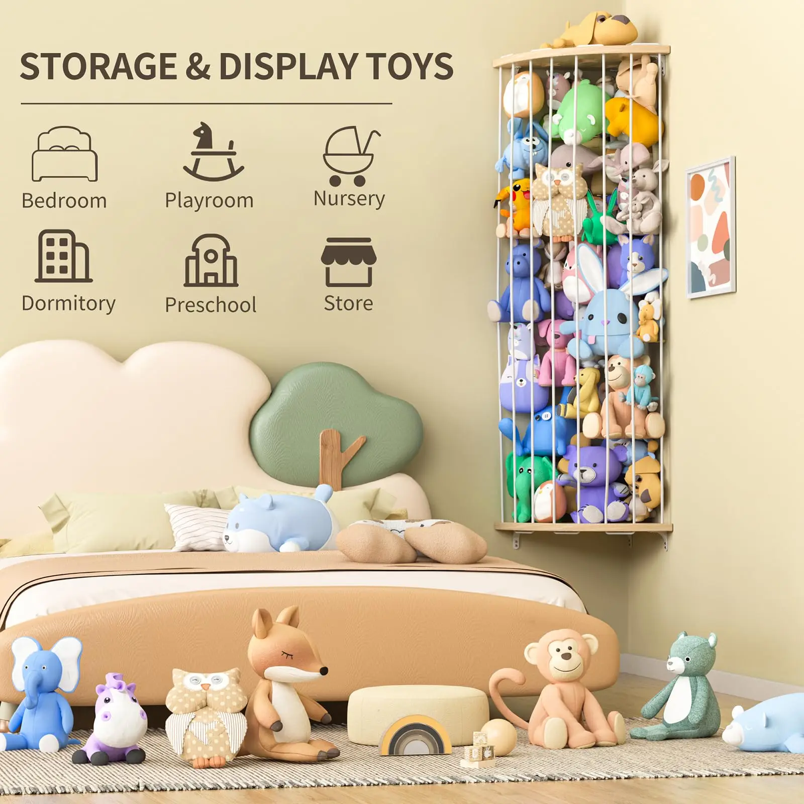 Stuffed Animal Storage Wood Corner Toys Holder for Nursery Play Room Bedroom Kids Room Furniture Stuffed Animal Organizer Shelf