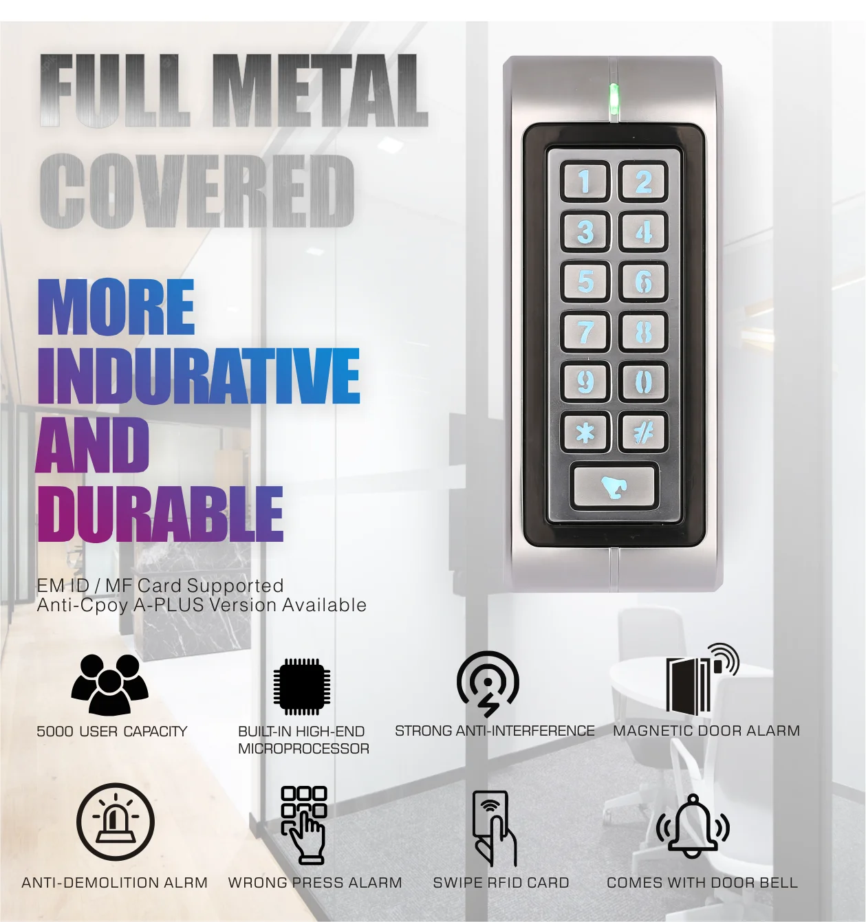 Metal Keypad RFID 13.56MHZ IC Card Reader Standalone Access Controller ZRT370M/B With Wiegand Output Support MF/NFC Card