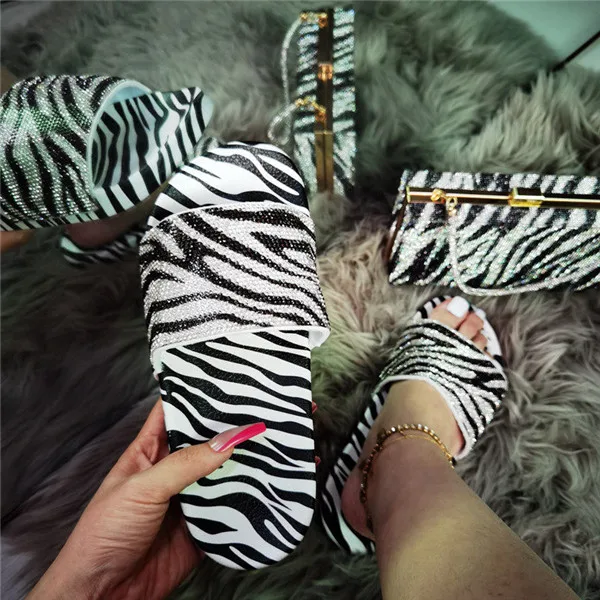 Popular Zebra Diamond Women Sandals And Clutch Bags Set Wholesale Price Purse Match Shoes Set