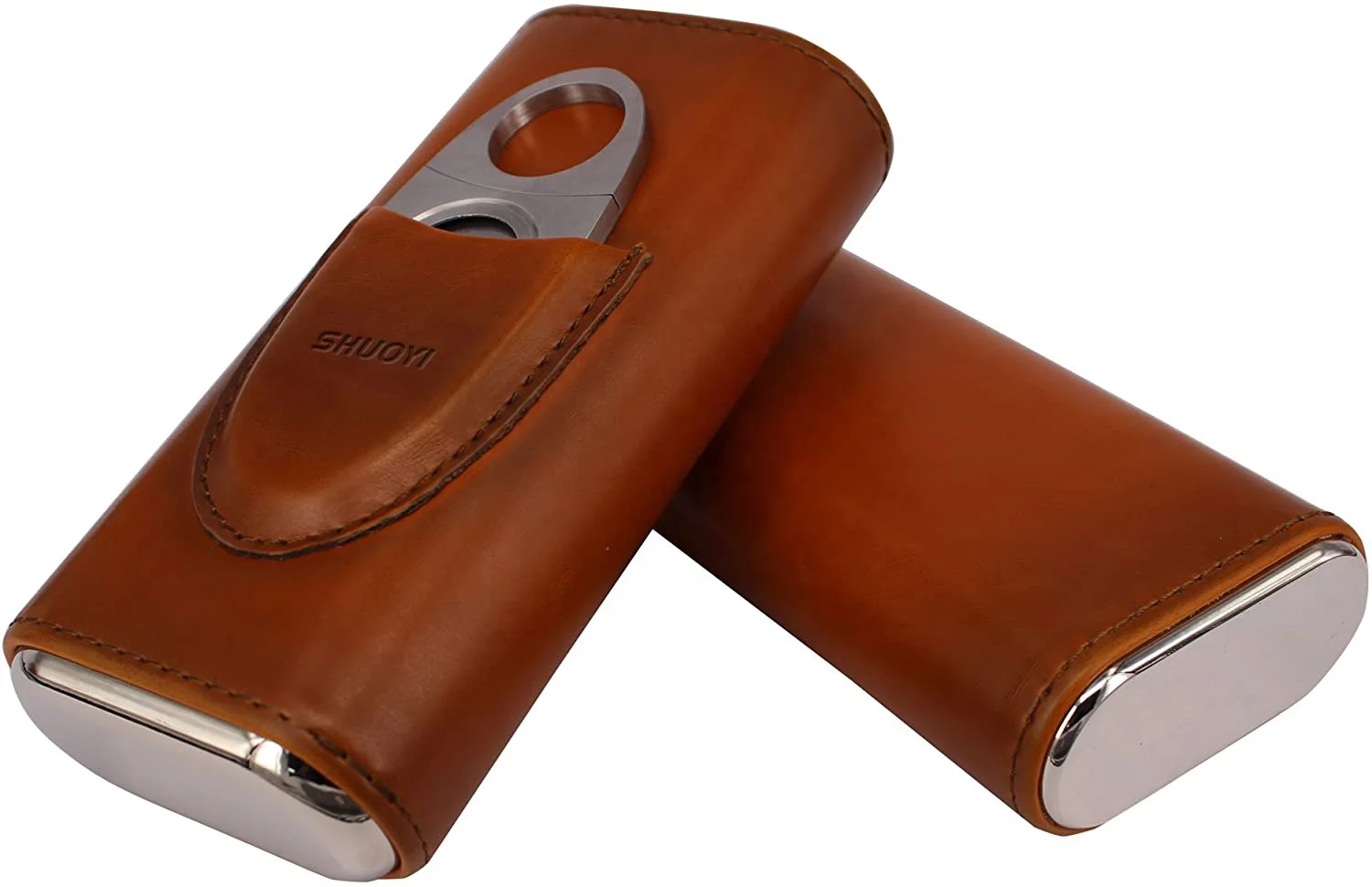 Luxury travel 3- finger brown leather cigar case Manufacturer custom wholesale cigar tube accessories with cigar cutter