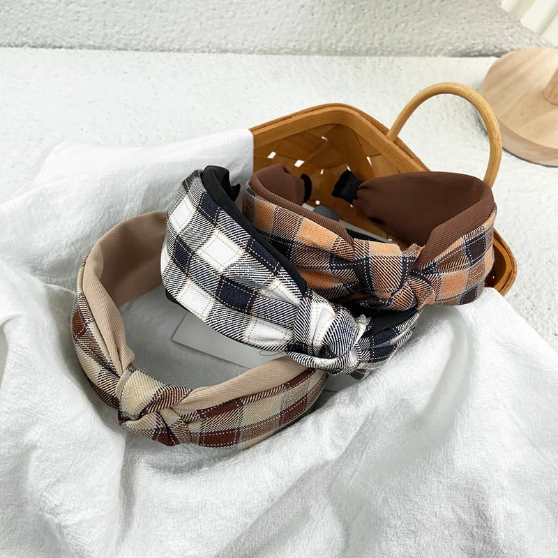 New Design Plaid British Vintage Girls Hairband Wholesale Fashion Knotted Hair Band Headband For Women