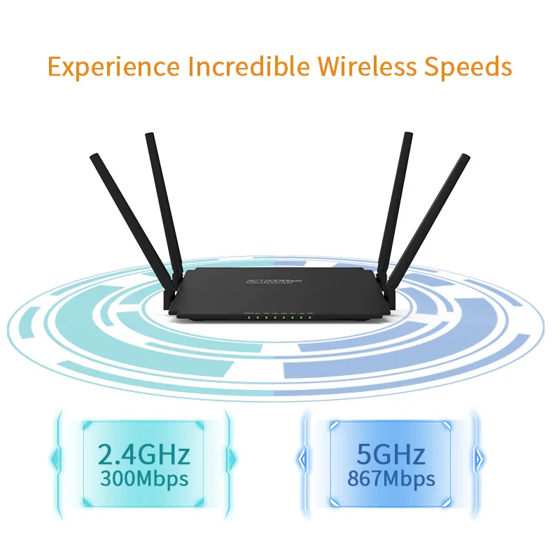 
4-antennas AC1200 Dual Band Gigabit Wi-Fi Mesh Router 2.4GHz 300Mbps and 5GHz 867Mbps Supports 802.11ac/a/n/g/b standards 