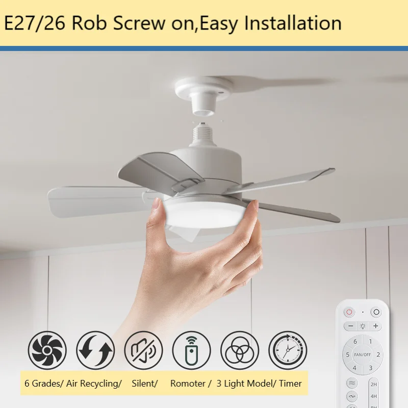 E27 socket Fan LED light 17 inch 6 Grade Dimmable Enclosed Kitchen E27 Bulb 6 Blades Socket Fan Modern Ceiling Fan With Light
