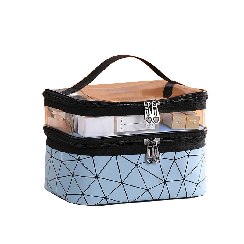 Hot sale double layer clear cosmetic case toiletry travel  multi function custom logo makeup bag