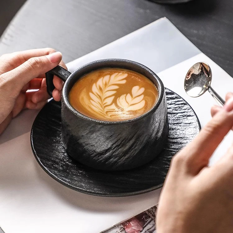 Textured matte white black elegant gift item home office mug set macchiato coffee ceramic cappuccino espresso cup and saucer