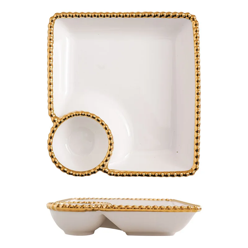 factory directly supply white with gold bead ceramic serving  plate  for breakfast kitchen home
